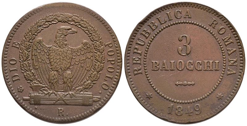 Repubblica Romana. Roma (1849-1849). 3 Baiocchi 1849. Cu; 24,85gr; Gig.7; Spl, Colpetto al Bordo.
