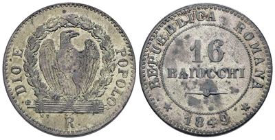 Repubblica Romana. Roma (1849-1849). 16 Baiocchi 1849. Mi; 8,12gr; Gig.2; Bb+