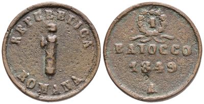 Repubblica Romana. Ancona. Baiocco 1849. Cu; 10,4gr. Bb
