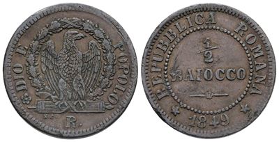 Repubblica Romana. Roma. 1/2 Baiocco 1849. Cu; 4,97gr; Bb+
