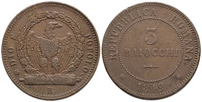 Repubblica Romana. Bologna (1849-1849). 3 Baiocchi 1849. Cu; 24,72gr; Gig.8; Bb/spl