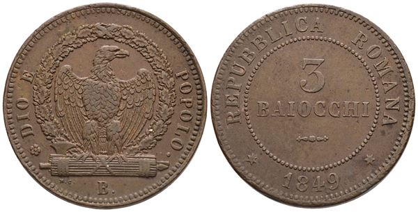 REPUBBLICA ROMANA. BOLOGNA (1849-1849). 3 baiocchi 1849. Cu; 24,72gr; Gig.8; BB/SPL