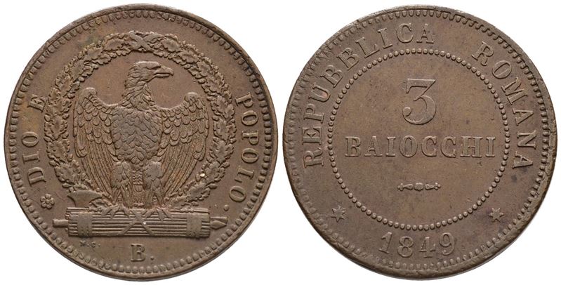 Repubblica Romana. Bologna (1849-1849). 3 Baiocchi 1849. Cu; 24,72gr; Gig.8; Bb/spl