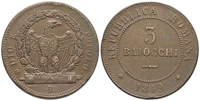Repubblica Romana. Roma (1849-1849). 3 Baiocchi 1849. Cu; 24,6gr; Gig.8; Bb/spl