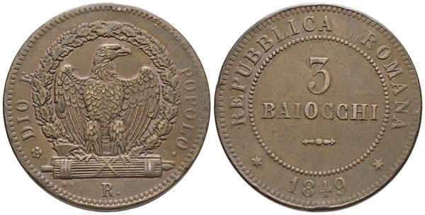 REPUBBLICA ROMANA. ROMA (1849-1849). 3 baiocchi 1849. Cu; 24,6gr; Gig.8; BB/SPL
