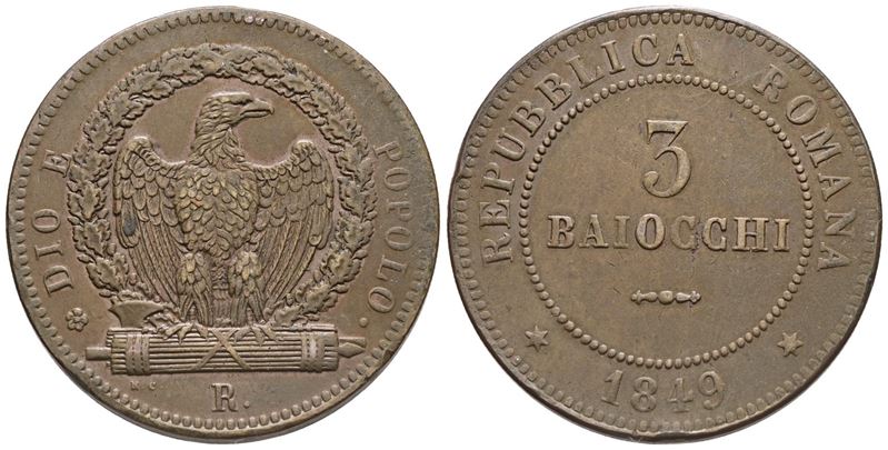 Repubblica Romana. Roma (1849-1849). 3 Baiocchi 1849. Cu; 24,6gr; Gig.8; Bb/spl