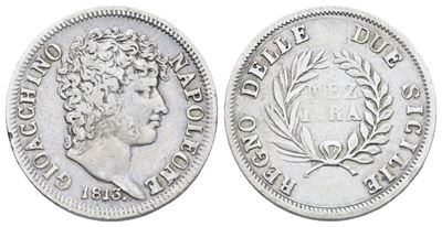 Napoli. Regno delle Due Sicilie. Gioacchino Napoleone (1808-1815). Mezza Lira 1813. Ag; 2,5gr; Gi...
