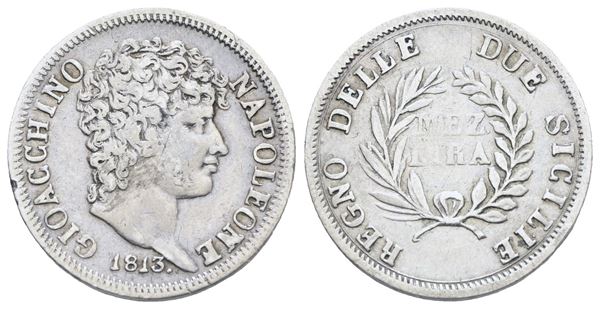 NAPOLI. REGNO DELLE DUE SICILIE. Gioacchino Napoleone (1808-1815). Mezza lira 1813. Ag; 2,5gr; Gig.17; Raro; BB