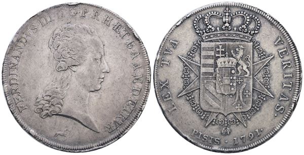 FIRENZE. GRANDUCATO DI TOSCANA. Ferdinando III (1791-1824), Francescone 1791; Ag (27,25 g; 41 mm). RR. BB+