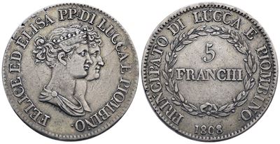 Lucca. Principato di Lucca e Piombino. Elisa Bonaparte e Felice Baciocchi (1805-1814). 5 Franchi ...