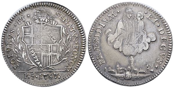 BOLOGNA. Governo Popolare (1796-1797). 5 paoli 1797. Ag; 14,3gr; Gig. 10; Raro; BB