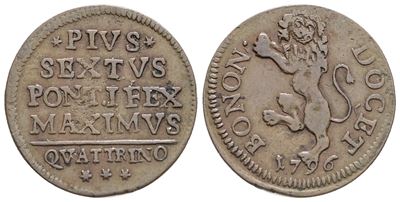 Stato Pontificio. Bologna. Pio Vi (1775-1799). Quattrino 1796. Cu; 2,3gr; Munt.300a. Bb/spl
