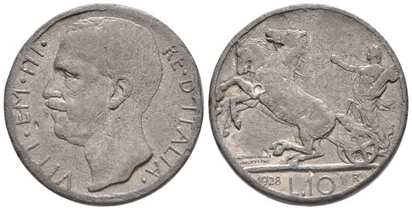 REGNO D'ITALIA. Vittorio Emanuele III (1900-1943). 10 lire 1928 "Biga". Interessante falso d'epoca. Pb. 7,37gr. BB