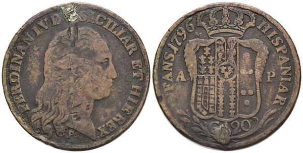 NAPOLI. REGNO DI NAPOLI. Ferdinando IV di Borbone (1759-1799 I per.). Piastra da 120 grana 1796. Cu; 23,76gr. Falso d'epoca. MB. Foro otturato.