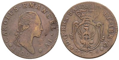 Regno di Sardegna. Torino. Carlo Emanuele IV (1796-1802). 7,6 Soldi 1800. Cu. 4,36gr. Raro e Inte...