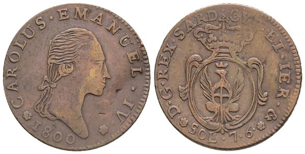 REGNO DI SARDEGNA. TORINO. Carlo Emanuele IV (1796-1802). 7,6 soldi 1800. Cu. 4,36gr. Raro e interessante falso d'epoca. BB