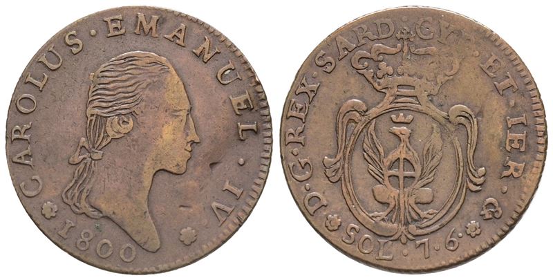 Regno di Sardegna. Torino. Carlo Emanuele IV (1796-1802). 7,6 Soldi 1800. Cu. 4,36gr. Raro e Inte...