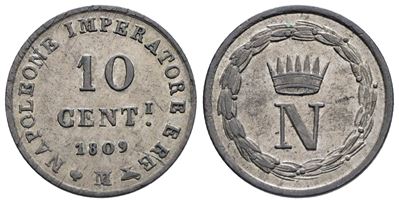 Milano. Regno D'italia. Napoleone i (1805-1814). 10 Centesimi 1809. Mi; 1,99gr. Bb/spl