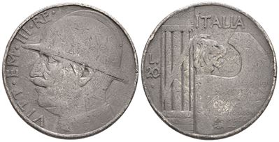 Regno D'italia. Vittorio Emanuele III (1900-1943). 20 Lire 1928 "elmetto". Mb; 14,58gr; Falso D'e...