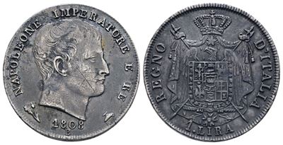 Bologna. Regno D'italia. Napoleone i (1805-1814). 1 Lira 1808. Ag; 4,88gr; Gig.148; Raro; Bb+