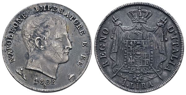 BOLOGNA. REGNO D'ITALIA. Napoleone I (1805-1814). 1 lira 1808. Ag; 4,88gr; Gig.148; Raro; BB+