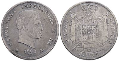 Milano. Regno D'italia. Napoleone i (1805-1814). 5 Lire 1808. Ag; 24,54gr; Gig.103; Qbb