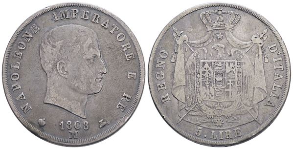 MILANO. REGNO D'ITALIA. Napoleone I (1805-1814). 5 lire 1808. Ag; 24,54gr; Gig.103; qBB