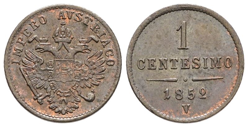 Venezia. Regno Lombardo Veneto. Francesco Giuseppe (1848-1866). 1 Centesimi 1852. Cu; Fdc