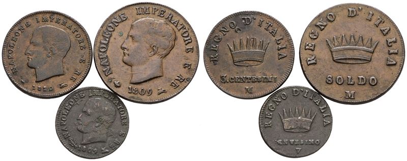 Milano. Regno D'italia. Napoleone i (1805-1814). Soldo 1809; 3 Centesimi 1810; Centesimo V 1809. ...