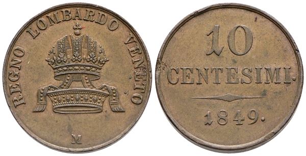 MILANO. REGNO LOMBARDO VENETO. Francesco Giuseppe (1848-1866). 10 centesimi 1849. Cu; 17,44gr; Gig.25; Raro; qSPL
