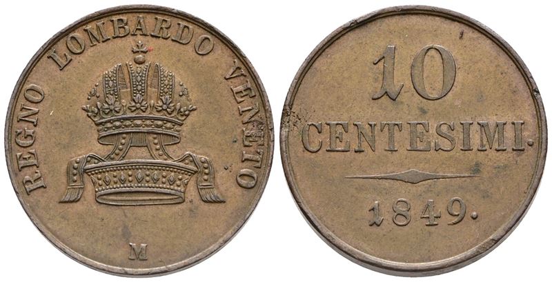 Milano. Regno Lombardo Veneto. Francesco Giuseppe (1848-1866). 10 Centesimi 1849. Cu; 17,44gr; Gi...