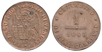 Venezia. Governo Provvisorio (1848-1849). 1 Centesimo 1849. Cu; 1gr; Gig.11; Fdc, Tracce di Ribat...