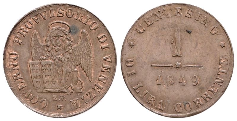 Venezia. Governo Provvisorio (1848-1849). 1 Centesimo 1849. Cu; 1gr; Gig.11; Fdc, Tracce di Ribat...