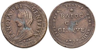 Stato Pontificio. Roma. Pio Vi (1775-1799). Madonnina da 5 Baiocchi 1797 a.XXIII. Cu Cni 363; Mun...
