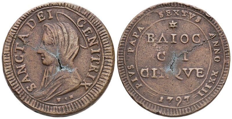 Stato Pontificio. Roma. Pio Vi (1775-1799). Madonnina da 5 Baiocchi 1797 a.XXIII. Cu Cni 363; Mun...