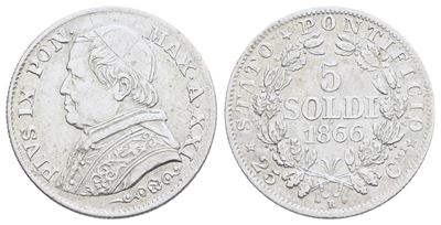 Stato Pontificio. Roma. Pio IX (1846-1870). 5 Soldi 1866 Anno XXI. Ag; 1,25gr; Spl