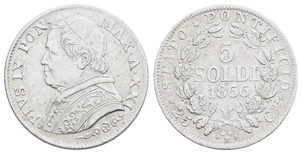 STATO PONTIFICIO. ROMA.  Pio IX (1846-1870). 5 soldi 1866 anno XXI. Ag; 1,25gr; SPL