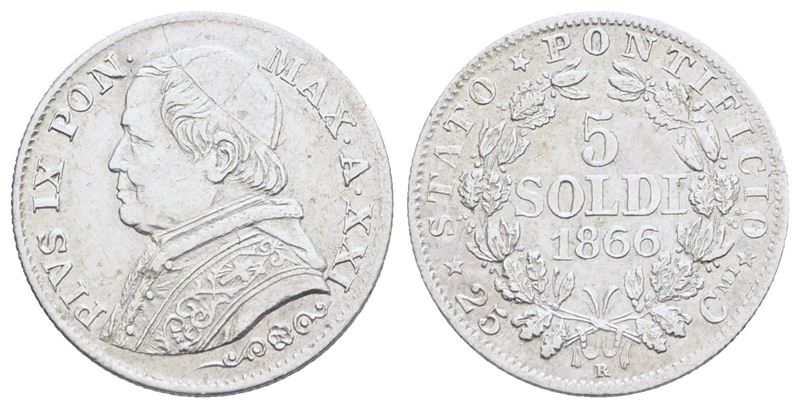 Stato Pontificio. Roma. Pio IX (1846-1870). 5 Soldi 1866 Anno XXI. Ag; 1,25gr; Spl