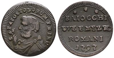 Stato Pontificio. Roma. Pio Vi (1775-1799). Sanpietrino da 2 1/2 Baiocchi 1797. Munt.99a; Cu; 11,...