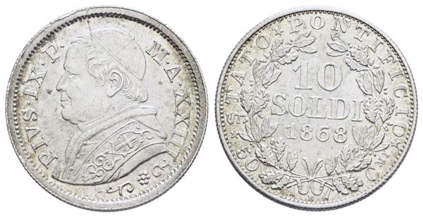 STATO PONTIFICIO. ROMA. Pio IX (1846-1870). 10 soldi 1868 anno XXIII, Bordo largo. Ag; 2,50gr; Gig.308a; RR. qFDC