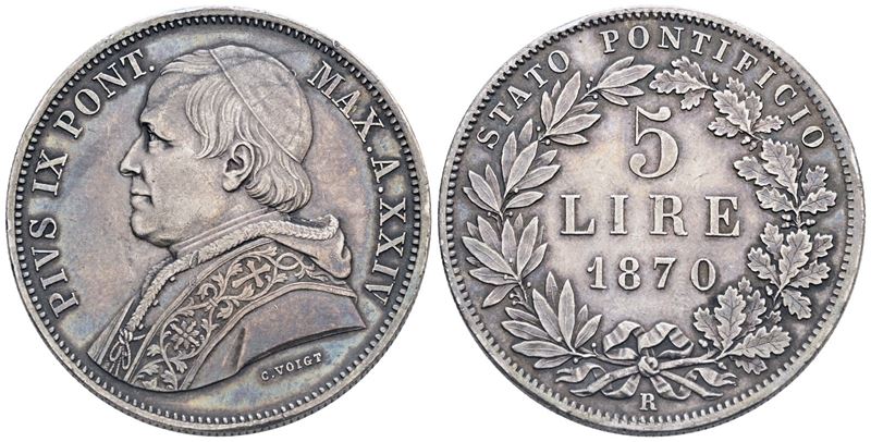 Stato Pontificio. Roma. Pio IX (1846-1870). 5 Lire 1870 – Anno XXV; Ag; 24,94gr; 37 MM. Qspl