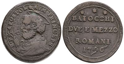 Stato Pontificio. Roma. Pio Vi (1775-1799). Sanpietrino da 2 1/2 Baiocchi 1796. Cu; 18,55gr. 30,6...