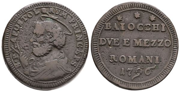 STATO PONTIFICIO. ROMA. Pio VI (1775-1799). Sanpietrino da 2 1/2 Baiocchi 1796. Cu; 18,55gr. 30,65mm. BB+