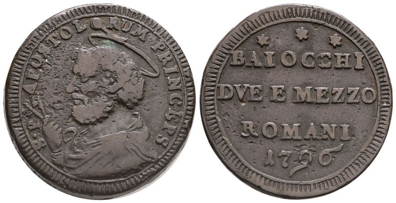 Stato Pontificio. Roma. Pio Vi (1775-1799). Sanpietrino da 2 1/2 Baiocchi 1796. Cu; 18,55gr. 30,6...