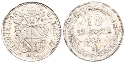 Stato Pontificio. Bologna. Pio IX (1846-1870). 10 Baiocchi 1858 Anno XIII. Ag; 2,84gr; Gig.127; R...