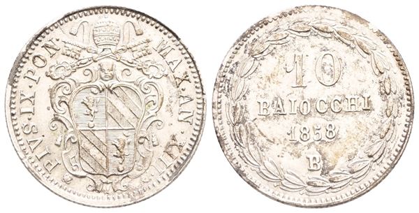 STATO PONTIFICIO. BOLOGNA. Pio IX (1846-1870). 10 baiocchi 1858 anno XIII. Ag; 2,84gr; Gig.127; RR. SPL