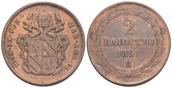 STATO PONTIFICIO. BOLOGNA. Pio IX (1846-1870). 2 Baiocchi 1851 – Anno VI. Cu; 20,29gr; Gig.203. Raro. qBB