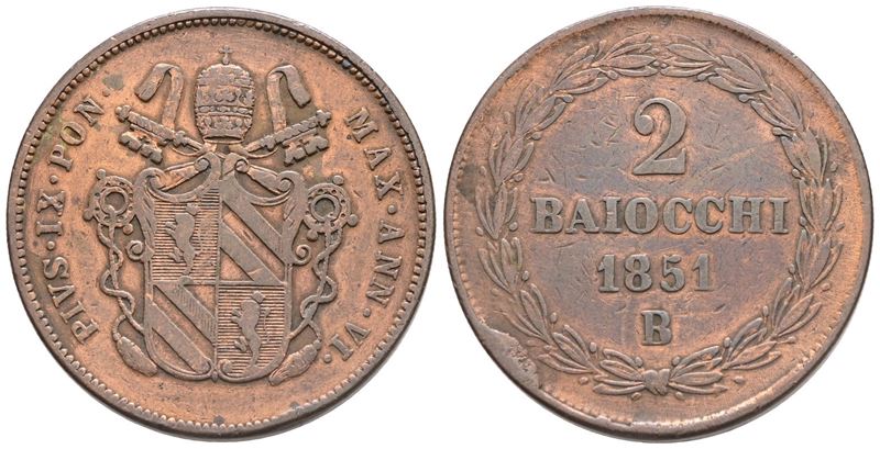 Stato Pontificio. Bologna. Pio IX (1846-1870). 2 Baiocchi 1851 – Anno Vi. Cu; 20,29gr; Gig.203. R...
