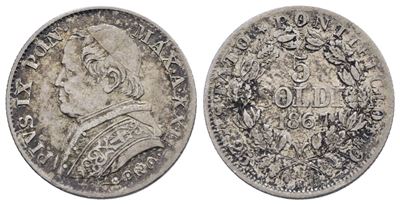 Stato Pontificio. Roma. Pio IX (1846-1870). 5 Soldi 1867 - Anno XXII. Ag; 1,25gr. Gig.314. Qspl