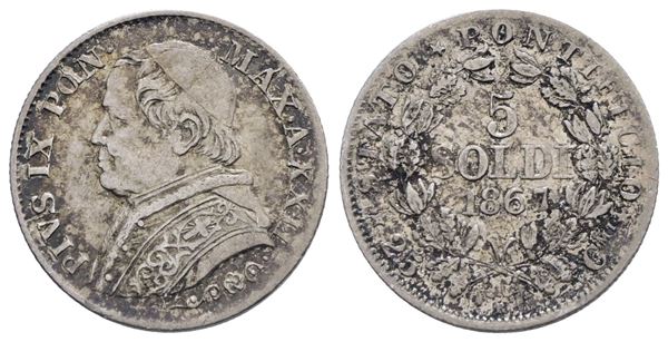 STATO PONTIFICIO. ROMA. Pio IX (1846-1870). 5 soldi 1867 - anno XXII. Ag; 1,25gr. Gig.314. qSPL